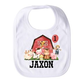 Baby Boy First Birthday Farm Bib Boys Personalized Barn Animals 1st Birthday Barnyard Bib Cow Cowboy Name Bib for One Year Old