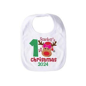 Baby Girl My First Christmas Bib Reindeer 1st Christmas Personalized Girls Bib Newborn Baby's First Christmas Gift Holiday Winter Stocking Stuffer