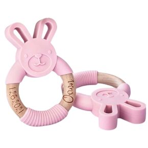 Personalized Wooden Bunny Silicone Teething Ring, Custom Engraved Bunny Silicone Teether with Name Teething Toys for Baby Boys Girls Newly Teething First Easter Gift