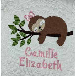 Custom Baby Girl Sloth Heirloom Quilt (Grey)