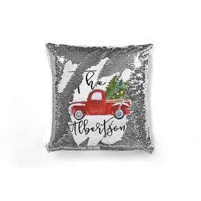 Personalized Vintage Christmas Truck Sequin Throw Pillow