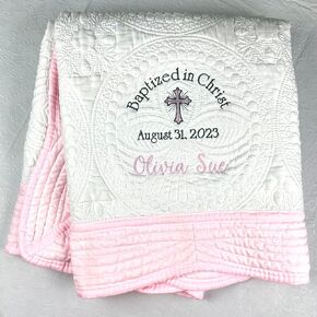 Baptism Personalized Baby Heirloom Quilt Blankets - Custom embroidered with child's name, a beautiful cross, "Baptized in Christ" & date. Border color options include pink, blue, white, green & purple