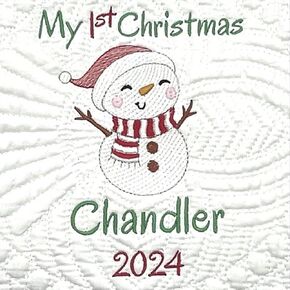 Personalized First Christmas Heirloom Quilt Blankets - Custom embroidered with name, year & snowman. Border color options include pink, blue, white, green & purple. Christmas, birthday or shower gift.