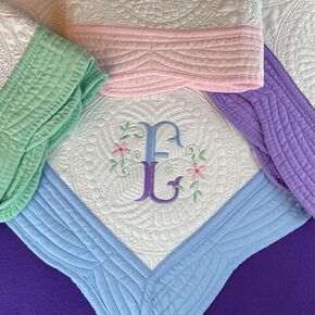 Personalized Baby Heirloom Quilt Blankets Monogrammed with Initial & Flowers for Moms, girls or boys of all ages. Custom embroidered for any occasion. 5 Border color options