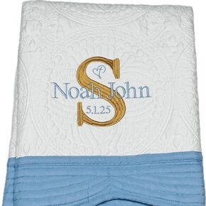Personalized Baby/Adult Heirloom Quilt Blanket - Custom embroidered Names, Last Initial, Heart with Cross & Date. Monogrammed in your choice of colors. Baptism, Birthday, Shower, Newborn