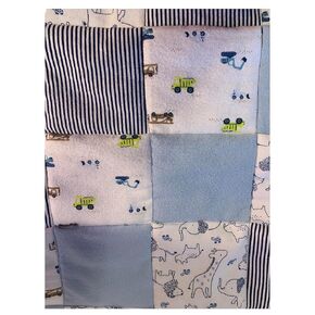 Baby Boy Quilt, Crib size in blue, Zoo Animals and Construction Trucks, Stars, washable flannel