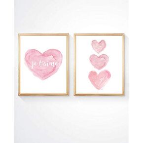Je t'aime Nursery Wall Art, Set of 2 Pink Watercolor Hearts for French Design, Unframed