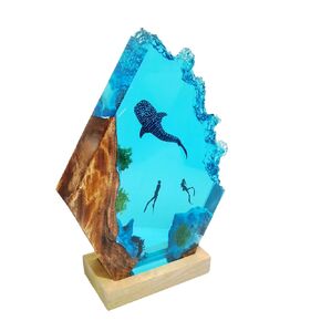Handmade Ocean Scene LED Night Light, Resin Whale Shark Lamp with Wooden Base, 7.8x5.9 inch, USB Powered