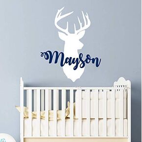 Personalized Boy Name With Deer Antlers Wall Decal Nursery. Baby Name Hunting Themed Woodland Wall Decor. Rustic Nursery Wall Decor. Deer Head Wall Vinyl Sticker. Custom Name Wall Decals for Boys vs42