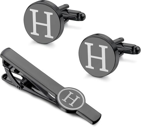 ايرون بوكس مجموعة ازرار اكمام ومشبك ربطة عنق للرجال بتصميم مخصص بلون اسود وشريط ربطة عنق بحروف الابجدية A-Z مع صندوق للاب والزوج والعريس in Kuwait