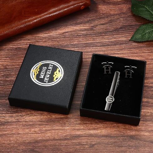 ايرون بوكس مجموعة ازرار اكمام ومشبك ربطة عنق للرجال بتصميم مخصص بلون اسود وشريط ربطة عنق بحروف الابجدية A-Z مع صندوق للاب والزوج والعريس in Kuwait