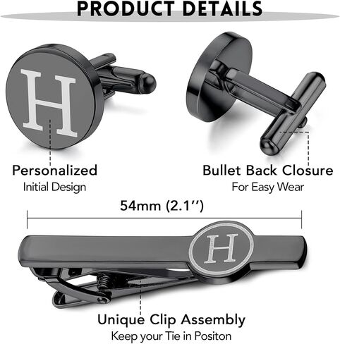 ايرون بوكس مجموعة ازرار اكمام ومشبك ربطة عنق للرجال بتصميم مخصص بلون اسود وشريط ربطة عنق بحروف الابجدية A-Z مع صندوق للاب والزوج والعريس in Kuwait