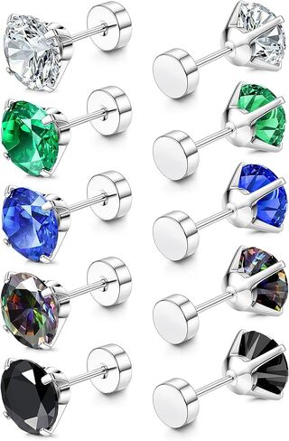 FIASASO 5 أزواج من أقراط التيتانيوم الجراحية المسطحة المصنوعة من الفولاذ المقاوم للصدأ للرجال والنساء قوس قزح 5A مكعب زركونيا برغي خلفي أقراط الغضروف أقراط النوم هيبوالرجينيك in Kuwait