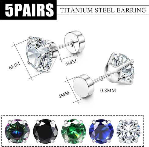 FIASASO 5 أزواج من أقراط التيتانيوم الجراحية المسطحة المصنوعة من الفولاذ المقاوم للصدأ للرجال والنساء قوس قزح 5A مكعب زركونيا برغي خلفي أقراط الغضروف أقراط النوم هيبوالرجينيك in Kuwait