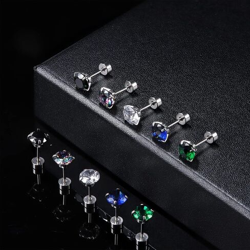 FIASASO 5 أزواج من أقراط التيتانيوم الجراحية المسطحة المصنوعة من الفولاذ المقاوم للصدأ للرجال والنساء قوس قزح 5A مكعب زركونيا برغي خلفي أقراط الغضروف أقراط النوم هيبوالرجينيك in Kuwait