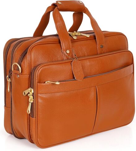 Full Grain Leather Briefcase for Men Top Choice Gifts Laptop Bag Multiple 16'' Compartments Brass Hardware in Kuwait