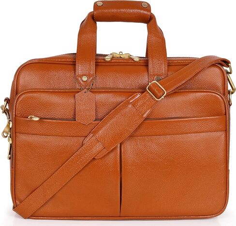 Full Grain Leather Briefcase for Men Top Choice Gifts Laptop Bag Multiple 16'' Compartments Brass Hardware in Kuwait