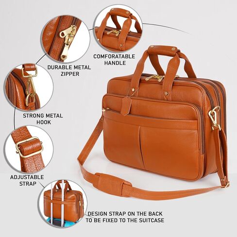 Full Grain Leather Briefcase for Men Top Choice Gifts Laptop Bag Multiple 16'' Compartments Brass Hardware in Kuwait
