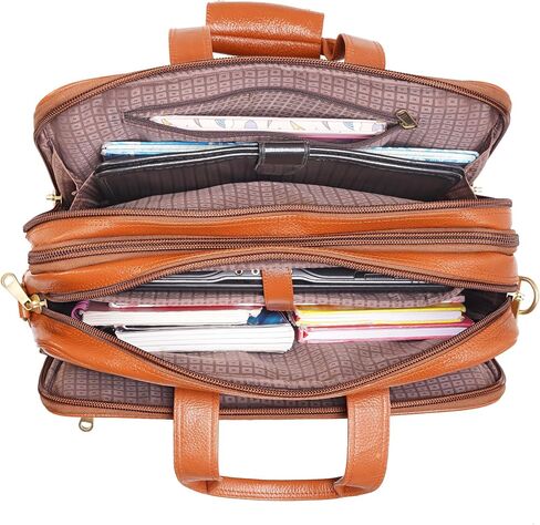 Full Grain Leather Briefcase for Men Top Choice Gifts Laptop Bag Multiple 16'' Compartments Brass Hardware in Kuwait