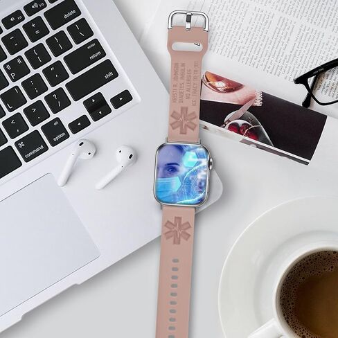 Emergency Medical Alert Personalized Bands Compatible with Apple Watch Silicone Strap 38 40 41 42 44 45 Custom ID Bracelets Medical Bracelets Wristband for Men Women (Pink Sand, 42mm (for Series 10) M/L) in Saudi Arabia