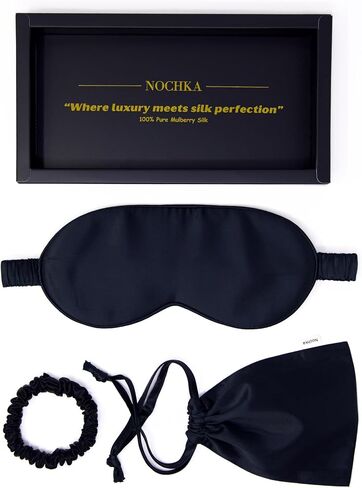 100% Mulberry Silk Sleep Mask Set - Adjustable Eye Mask with Pouch & Scrunchie for Men & Women, Large Size, Total Blackout, Noise Reduction, Ear Protection, Hypoallergenic, Moisture-Wicking, Handcrafted in the USA (Black) in Saudi Arabia