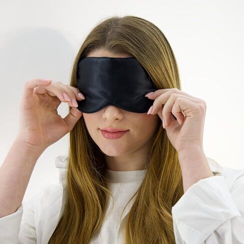 100% Mulberry Silk Sleep Mask Set - Adjustable Eye Mask with Pouch & Scrunchie for Men & Women, Large Size, Total Blackout, Noise Reduction, Ear Protection, Hypoallergenic, Moisture-Wicking, Handcrafted in the USA (Black) in Saudi Arabia