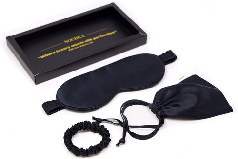 100% Mulberry Silk Sleep Mask Set - Adjustable Eye Mask with Pouch & Scrunchie for Men & Women, Large Size, Total Blackout, Noise Reduction, Ear Protection, Hypoallergenic, Moisture-Wicking, Handcrafted in the USA (Black) in Saudi Arabia