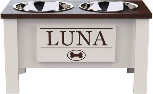 Personalized Elevated Dog Bowl Stand for Large, Medium, Small, X-Small Dogs - Stainless Steel Food and Water Bowls - Raised Dog Dish with Internal Storage (Large, Dark Walnut) in Kuwait