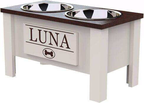 Personalized Elevated Dog Bowl Stand for Large, Medium, Small, X-Small Dogs - Stainless Steel Food and Water Bowls - Raised Dog Dish with Internal Storage (Large, Dark Walnut) in Kuwait