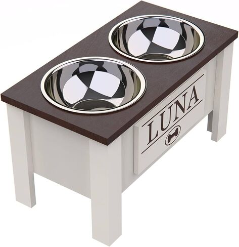 Personalized Elevated Dog Bowl Stand for Large, Medium, Small, X-Small Dogs - Stainless Steel Food and Water Bowls - Raised Dog Dish with Internal Storage (Large, Dark Walnut) in Kuwait