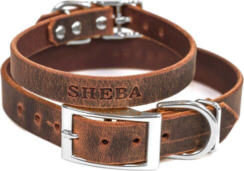 Handmade Personalized Bridle Leather Dog Collar, Engraved Pet Name, Nickel/Silver Tone Hardware (Distressed Brown) in Kuwait