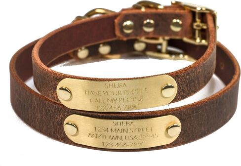 Handmade Personalized Bridle Leather Dog Collar, Engraved Solid Brass Nameplate (Distressed Brown) in Kuwait