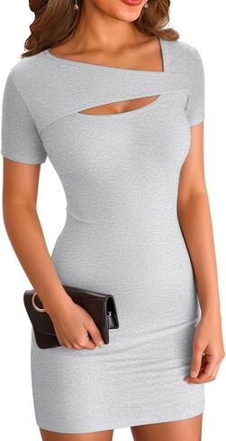 VICHYIE Womens Summer Dresses Cutout One Piece Ribbed Bodycon Mini Short Sleeve Casual Slim Fitted Pencil Dresses in Saudi Arabia