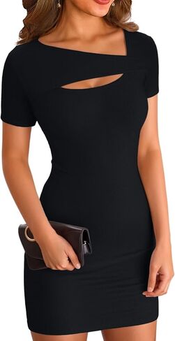 VICHYIE Womens Summer Dresses Cutout One Piece Ribbed Bodycon Mini Short Sleeve Casual Slim Fitted Pencil Dresses in Kuwait