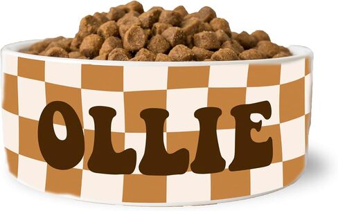 Retro Checkered Custom Dog Food Bowl Ceramic Pet Food Bowl With Name (Large) in Saudi Arabia