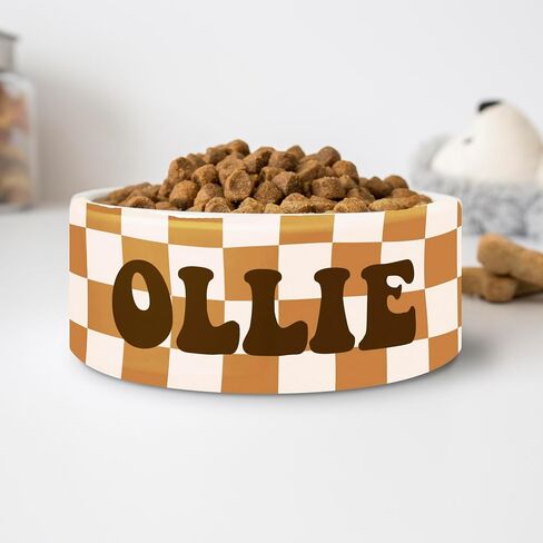 Retro Checkered Custom Dog Food Bowl Ceramic Pet Food Bowl With Name (Large) in Saudi Arabia