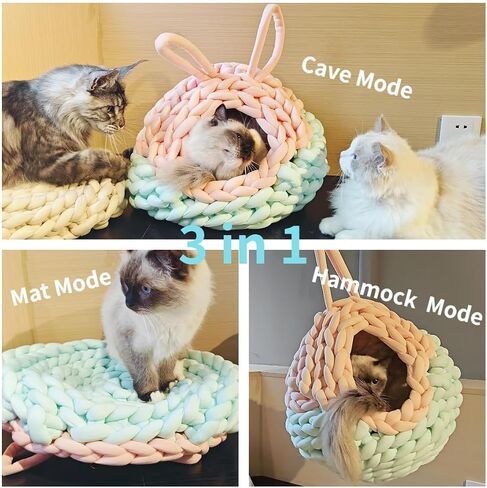 Cat Cave Hammock Mat 3 in 1 Cat Igloo Swing Pet Teepee Kawaii Bed Spot Burrow Hanging Basking للقطط الصغيرة الداخلية المتوسطة المصنوعة يدويًا (وردي) in Saudi Arabia