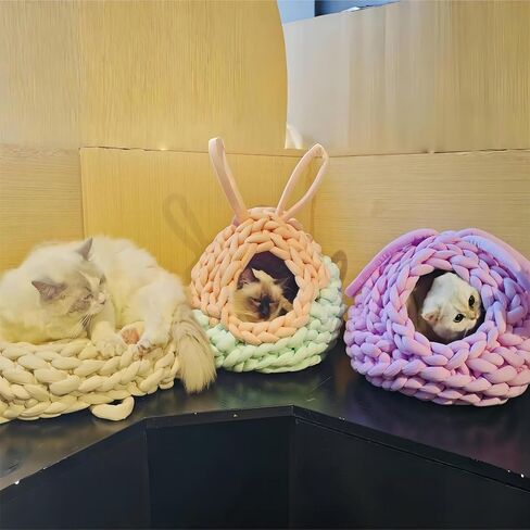Cat Cave Hammock Mat 3 in 1 Cat Igloo Swing Pet Teepee Kawaii Bed Spot Burrow Hanging Basking للقطط الصغيرة الداخلية المتوسطة المصنوعة يدويًا (وردي) in Saudi Arabia