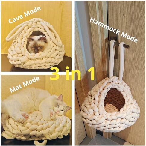 Cat Cave Hammock Mat 3 in 1 Cat Igloo Swing Pet Teepee Kawaii Bed Spot Burrow Hanging Basking للقطط الصغيرة الداخلية المتوسطة المصنوعة يدويًا (وردي) in Saudi Arabia