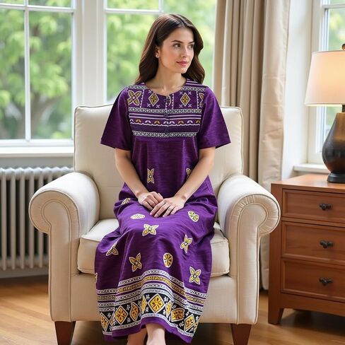 فستان صالة قطن بأكمام قصيرة وطبعة حدود زرقاء من Loungees | 3 أزرار مريلة in Kuwait