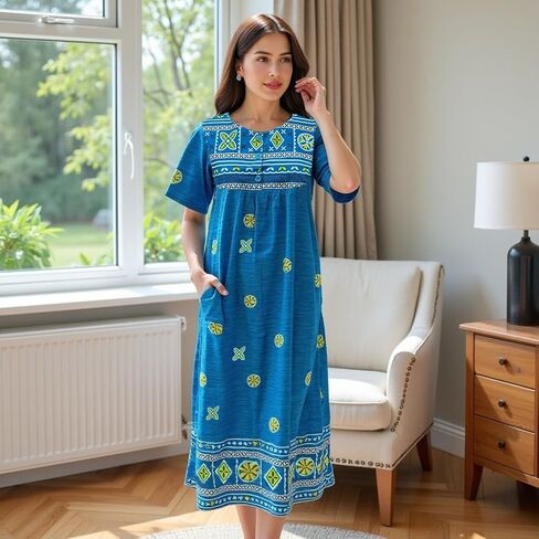 Loungees Short Sleeve Blue Border Print Cotton Lounge Dress | 3 Button Bib Yoke in Kuwait