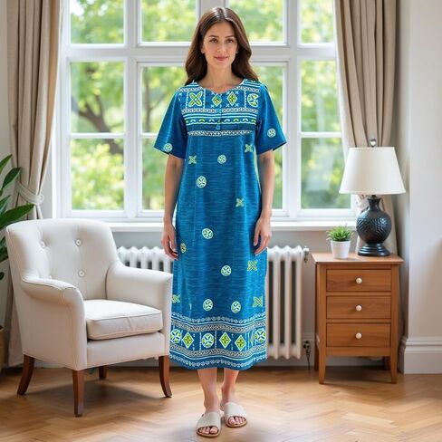 Loungees Short Sleeve Blue Border Print Cotton Lounge Dress | 3 Button Bib Yoke in Kuwait