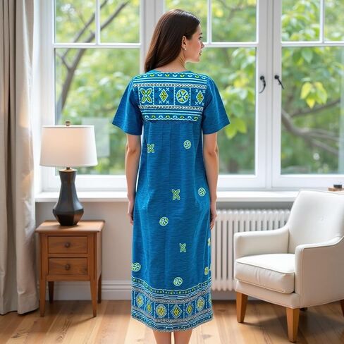 Loungees Short Sleeve Blue Border Print Cotton Lounge Dress | 3 Button Bib Yoke in Kuwait