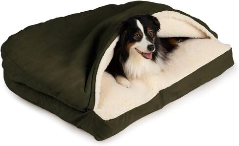 Snoozer Rectangle Cozy Cave Dog Bed - Indoor Dog Bed with Cover Cave, Covered Calming Burrow for Medium & Large Sized Pets with Blanket Attached, Enclosed, Washable - Large, Olive in Kuwait