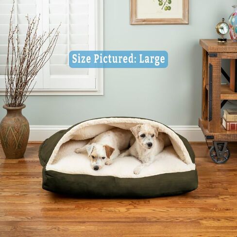 Snoozer Rectangle Cozy Cave Dog Bed - Indoor Dog Bed with Cover Cave, Covered Calming Burrow for Medium & Large Sized Pets with Blanket Attached, Enclosed, Washable - Large, Olive in Kuwait