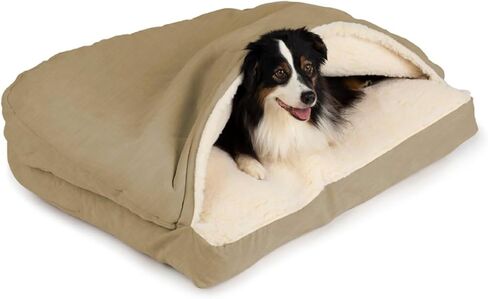 Snoozer Rectangle Cozy Cave Dog Bed - Indoor Dog Bed with Cover Cave, Covered Calming Burrow for Medium & Large Sized Pets with Blanket Attached, Enclosed, Washable - Large, Olive in Kuwait