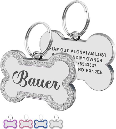 علامات الكلب محفورة للحيوانات الأليفة المخصصة اللمعان الكلب العلامة الكلب طوق الكلب اسم الكلب علامة مع أي اسم ونص العظم الكلب معرف الكلاب الكلاب جرو الكلاب فروي صديق (Silver L ، Bone) in Kuwait