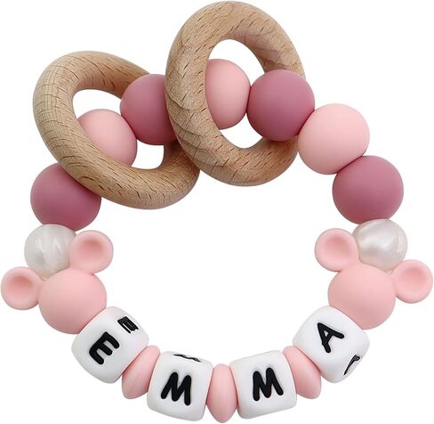 Personalized Baby Teether Rattle with Name - Custom Wooden Teething Toy for Boys & Girls - Handmade Mouse Keepsake Baby Shower Gift (Pink) in Saudi Arabia