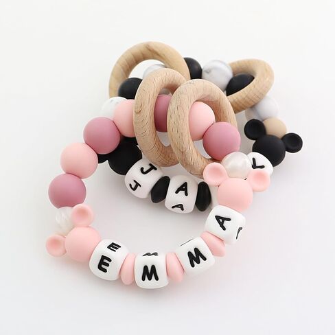 Personalized Baby Teether Rattle with Name - Custom Wooden Teething Toy for Boys & Girls - Handmade Mouse Keepsake Baby Shower Gift (Pink) in Saudi Arabia