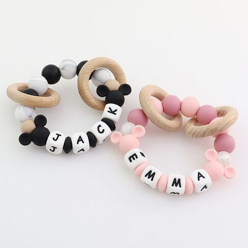 Personalized Baby Teether Rattle with Name - Custom Wooden Teething Toy for Boys & Girls - Handmade Mouse Keepsake Baby Shower Gift (Pink) in Saudi Arabia